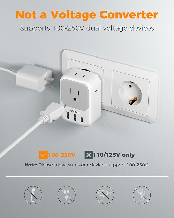 TESSAN European Travel Plug Adapter USB C 3 Pack, PD 20W US to Europe Plug Adapter with 4 AC Outlets 3 USB Ports, Type C Power Adaptor for USA to EU Euro Spain France Iceland Italy Germany Greece