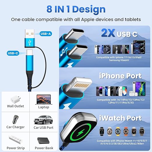 Multi Charging Cable with Dual Type-C Ports, 4 in 2 USB A/C Charing Cord for iWatch Charger/iPhone Charger/L Port, 5FT 2Pack iWatch Cable Travel Essentials for iWatch/iPhone 17-11/Android