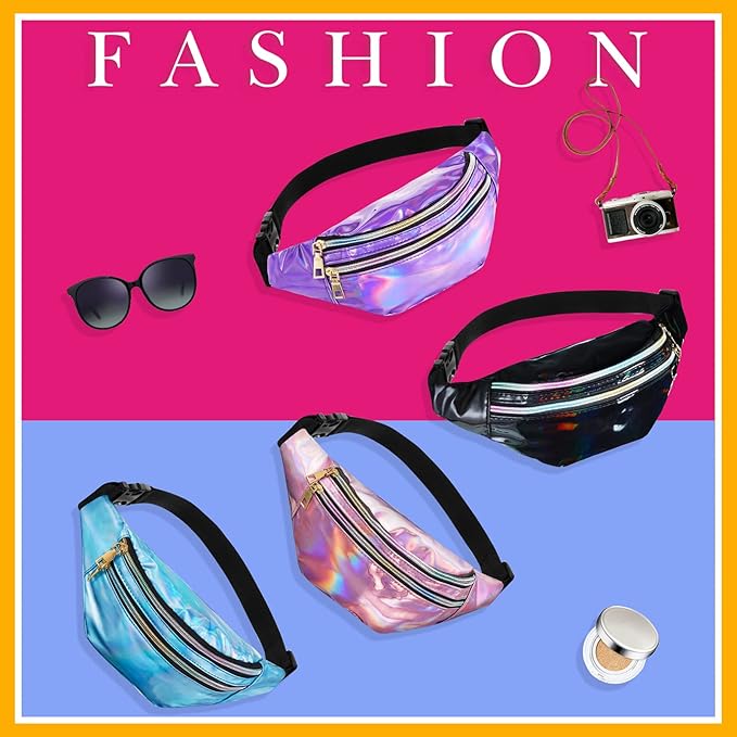 16 Pcs Fanny Packs for Women Holographic Fanny Pack Bulk 80s 90s Shiny Waist Bag Metallic Color with Adjustable Belt(Stylish Style)