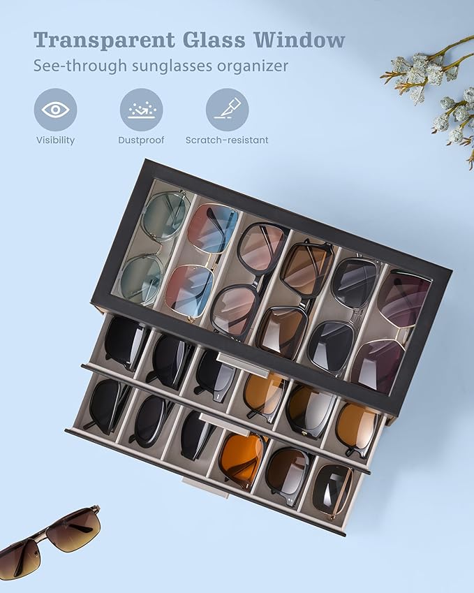 Lolalet Sunglasses Storage Box for Women, Eyewear Eye Glass Organizer with Clear Top Display Holder Case