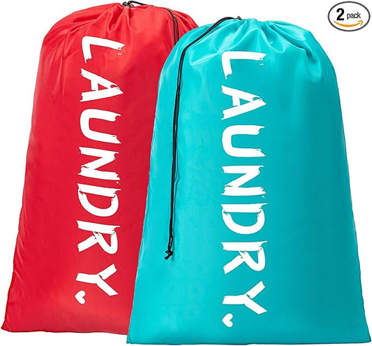 2 Pack XL Travel Laundry Bag, Machine Washable Dirty Clothes Organizer with Drawstring,Large Enough to Hold 4 Loads of Laundry, Easy Fit a Laundry Hamper or Basket Travel Essentials 24" x 36"