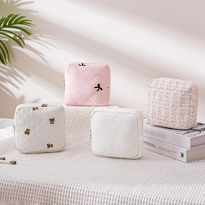 RSRSLEII Small Quilted Cosmetic Pouch for Purse, Mini Cotton Makeup Bag with Compartments, Cute Zipper Lipstick Holder for Women (04Pink Black Bow)
