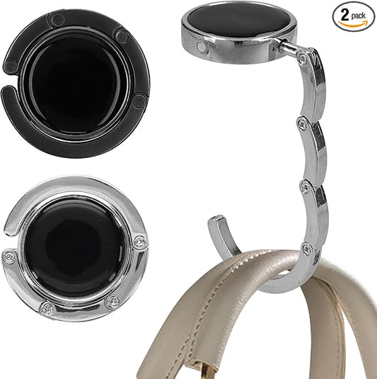 kwmobile Purse Hook for Table - Set of 2 Purse Holder - Folding Handbag Hanger - Portable Bag Holder - Bag Hooks for Desk - Table Hook Silver/Black