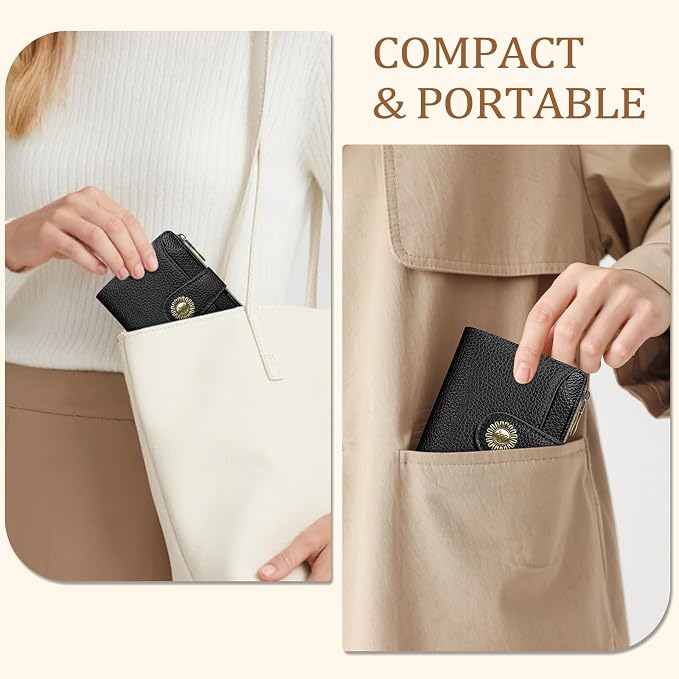 Icycay Black Small Wallet Women RFID Blocking Bifold, Credit Card Holder, Zipper Coin Pocket, PU Leather, Compact, Travel, 4 ID Window, 14 Card Slots, Cash Purse, Ladies Woman Female Girls