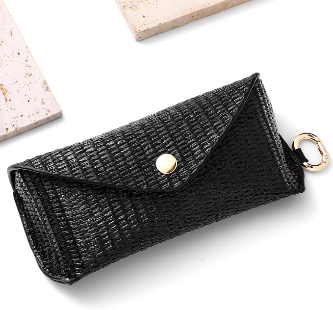 Leinuosen Woven Straw Sunglasses Case with Clip, Hard Shell Boho Rattan Pouch, Portable Travel Beach Accessory for Women Girl