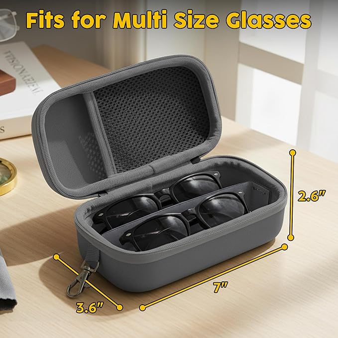 Double Eyeglasses Case,Hard Shell Glasses Case Travel Sunglasses Organizer with Adjustable Slot & Clip for Men Women
