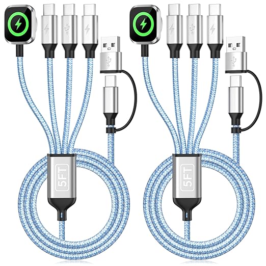 4in2 Multi Charging Cable for iWatch Charger/iPhone Charger/CarPlay Cable, Travel Vacation Essentials, (2Pack 5FT) 3 X USB C/iWatch Charger Cords for iWatch 11-1/iPhone 17-15, Android Car, Blue