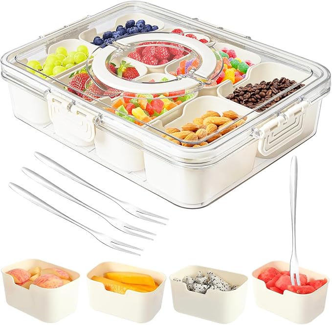 Dunruz Snackle Box Container,Portable Snack Box 8 Compartment Divided Serving Tray with Lid,Clear Storage Organizer for Fruit Candy Nuts Veggie-Perfect for Road Travel Party (1 Pack-8 Compartments)