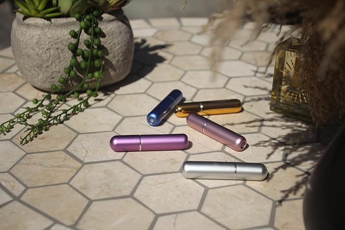 Portable Travel Size Mini Refillable Spray Perfume Atomizer Bottle 5 pcs and 5 colors (Lavender, Rose, Azure, Gold, Silver) Leak-Proof Aluminum for Perfume/Cologne