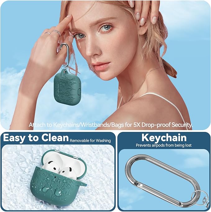for Airpods 4 Case with Magnetic Lid, Ekoonpft Flower Engraved Cases for Apple AirPods 4th Generation 2024, Soft Silicone Cover for Women Girly with Cleaning Kit & Keychain, Shockproof