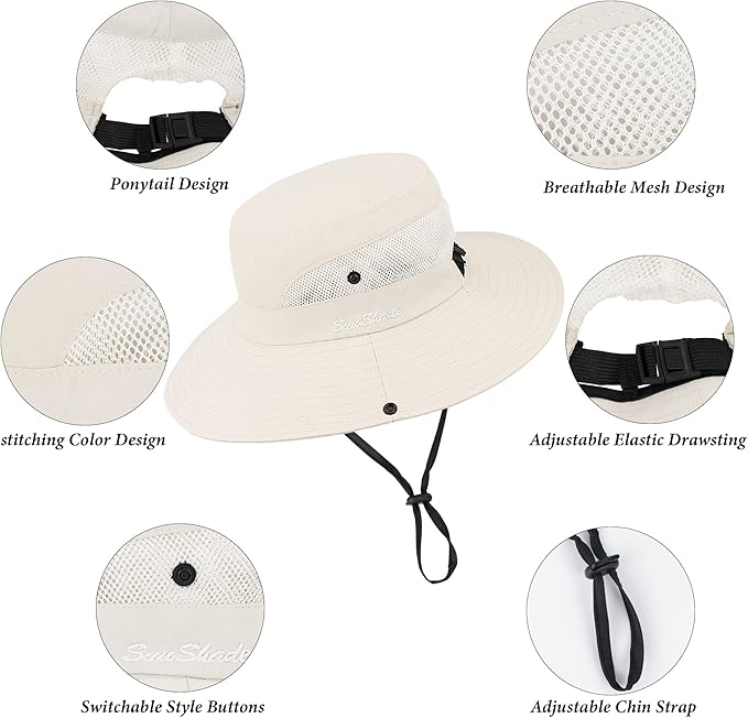 Sun Hat for Women Summer UV Protection Beach Hat Wide Brim Mesh Bucket Fishing Hat with Ponytail Hole Foldable Packable Hat