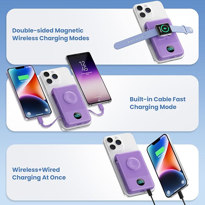 Ekrist Magnetic Portable Charger for MagSafe with Built-in Cable,iWatch Charger,Wireless Power Bank Travel Essentials,25W Fast Charging Battery Pack for iPhone 17/16/15,Apple Watch(Purple,10800mAh)