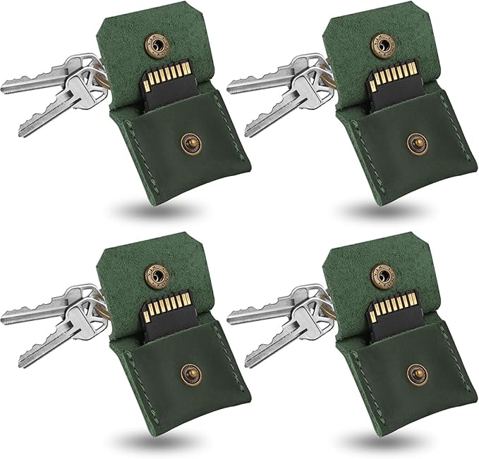 Jack&Chris Genuine Leather SD Card Holder Keychain, Anti-Shock Anti-Dust SD Card Case, Portable Camera Accessories for SD CF CFexpress Micro SD Nano SIM and Micro SIM Cards, Green 4 Packs