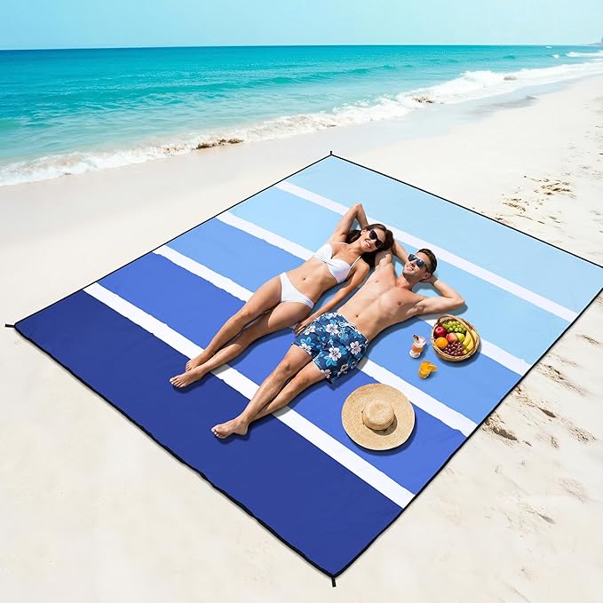 WIWIGO Beach Blanket Waterproof Sandproof Beach Mat 79" X 83"/10'x9'for 2-8 Adults Quick Drying Outdoor Picnic Mat Beach Accessories for Travel, Camping, Hiking
