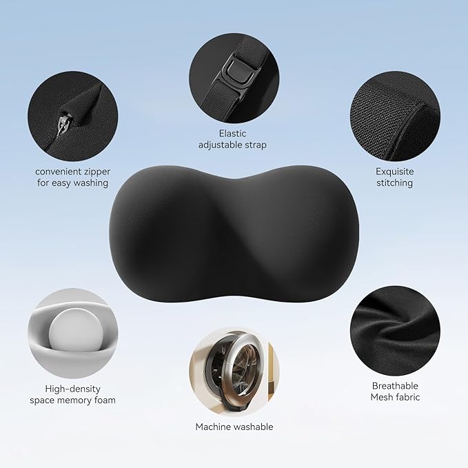 BABUR Car Headrest Pillow, 100% Memory Foam Softness Neck Support Pillow, Universal Fit Head Rest Travel Pillow for Pain Relief While Driving, Breathable Washable Cotton Fabric (Black)