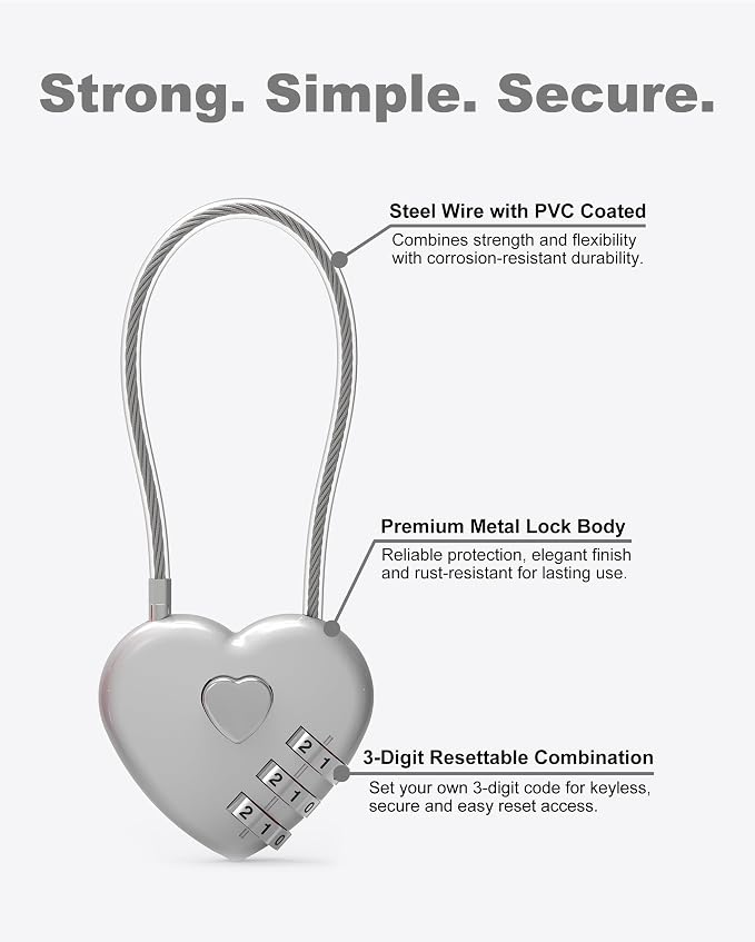 Combination Padlock, Small Cable Lock with Code, Candados para Locker, Combo Cable Lock for Luggage, Suitcase, Gym Locker, Backpack Zipper, Cabinet, Mailbox, Outdoor Use, Travel Safe Bag