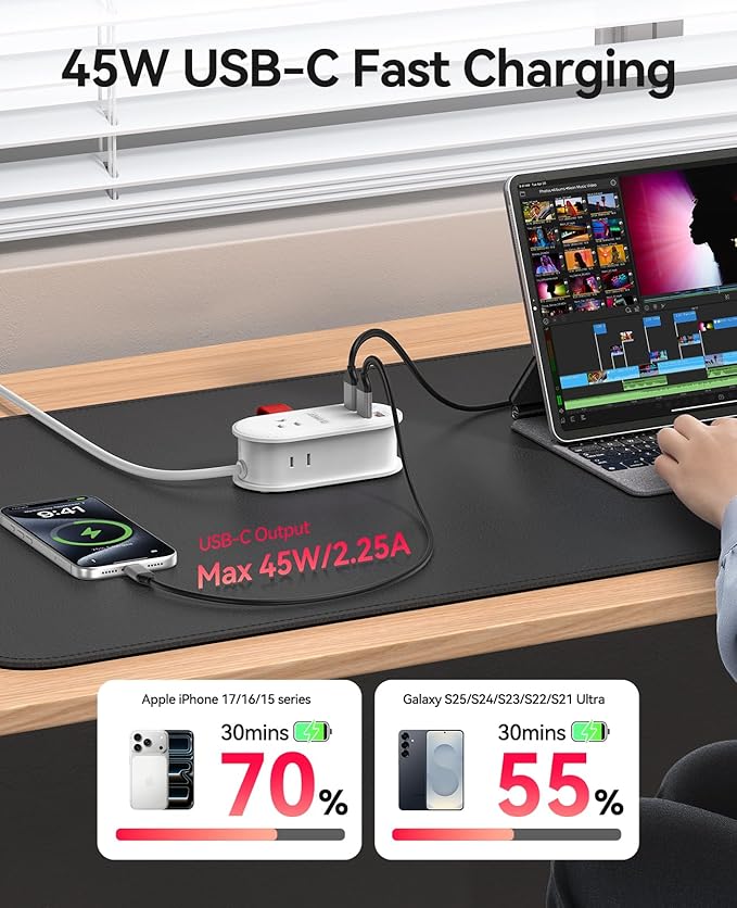 ORICO 45W Power Strip for iPhone 17 and Galaxy S25, 7 in 1 Charging Station with 3AC, 2 USB-A, 2 USB-C, 4ft Thin Extension Cord, Flat Plug Fashion Essential for Cruise Ship/Travel/Home/Dorm - TK45