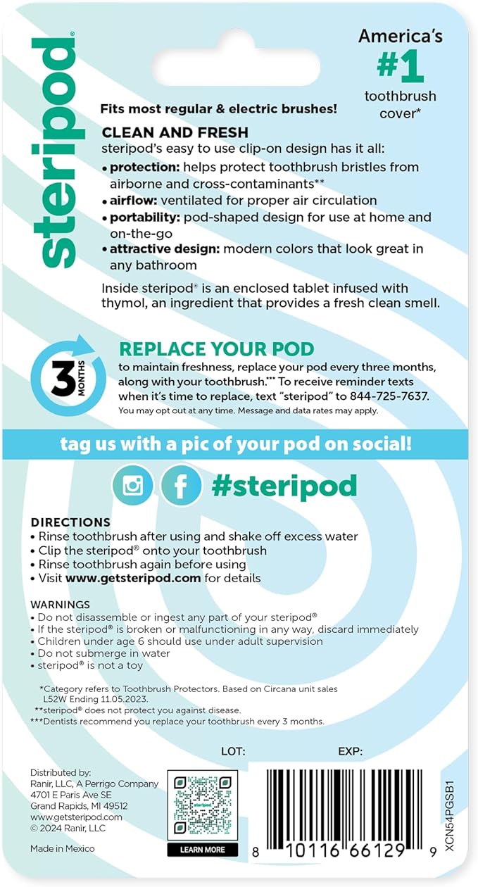 Steripod Clip-on Toothbrush Protector, Green/Silver, 2 Count (Pack of 12)