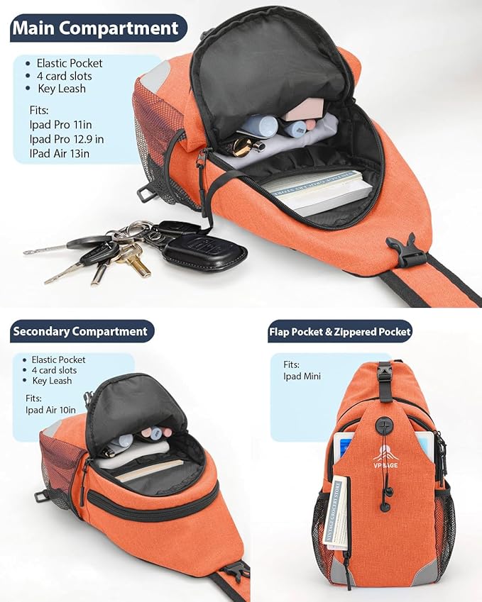 Sling Backpack for Women & Men, Crossbody Travel Bag with Water Bottle Holders, 17 Pockets, Quick-Access Phone Pocket, Hidden Security Pocket, Fits 11" Tablet, for Daily Carry, Travel, Theme Parks