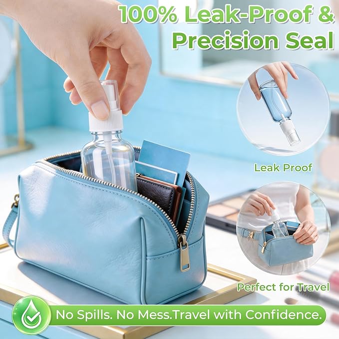 JTIEO 6 Pack 2oz(50ml) Small Glass Spray Bottle, Mini Travel Size, Clear Fine Mist Refillable Bottle for Essential Oils, Perfume, Face, with Funnel, Pipette, 6 Spray Heads and 12 Waterproof Labels.