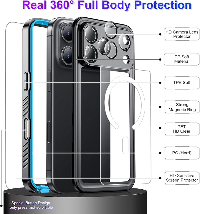 Magnetic Compatible with iPhone 17 Pro Case,Waterproof Built-in Screen & Camera Protector IP68 Underwater Full Body 17FT Military Dropproof Shockproof Phone Case 6.3"-Mag/Blue