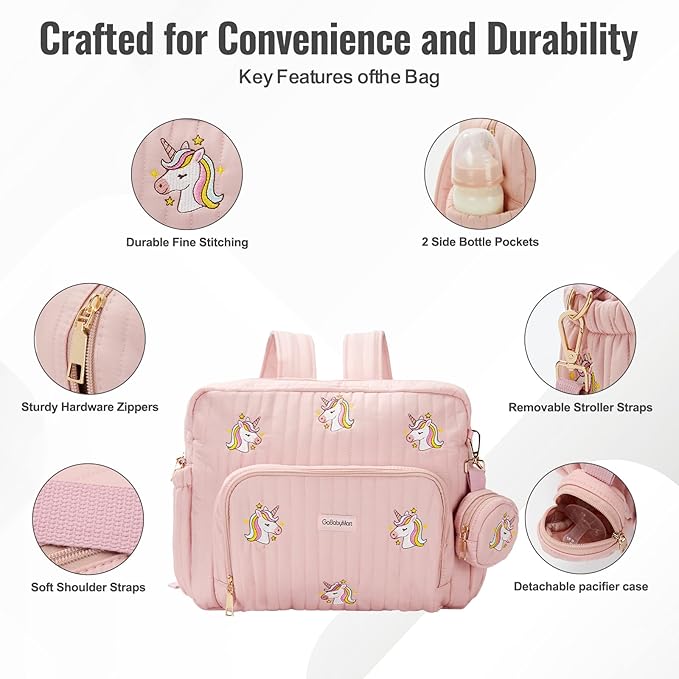 GOBABYMART Diaper Bag Backpack with Changing Pad - Travel Baby Bag, Insulated Bottle Pockets, Stroller Straps (Medium - Pink Unicorns)