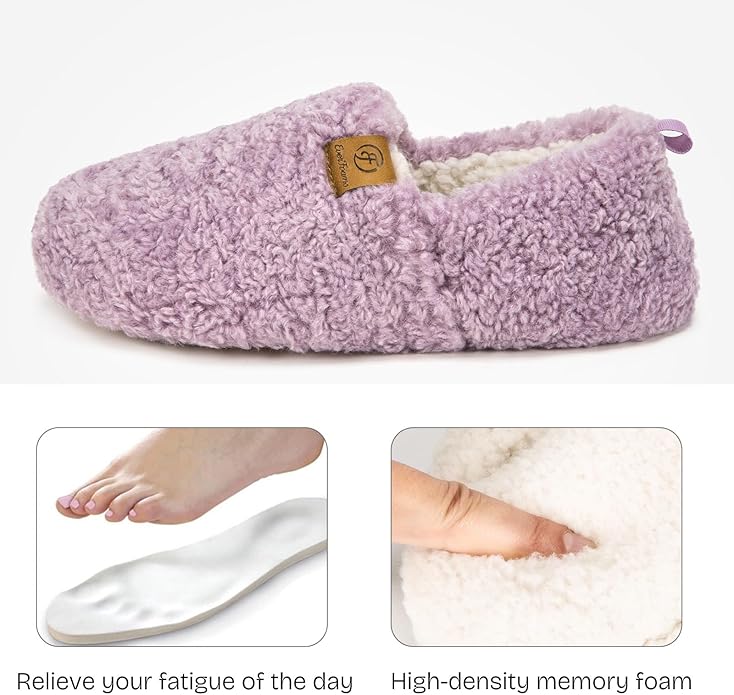 EverFoams Women’s Soft Curly Full Slippers Memory Foam Lightweight House Shoes Cozy Loafer with Polar Fleece Lining