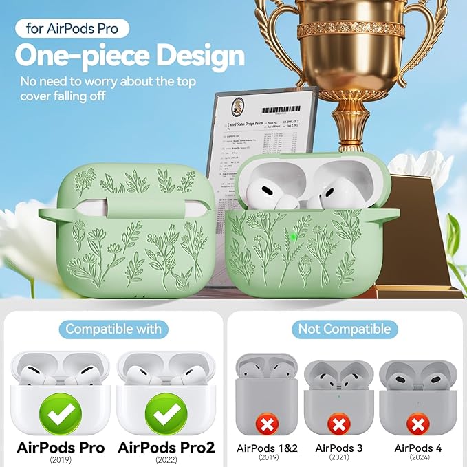 Flower Engraved Case for Apple AirPods Pro 2 Gen with Clean Kit,Soft Silicone Protective Case Cover for AirPod Pro 2nd/1st Generation Keychain,Lanyard,3 Pair Ear Tips,Front LED Visible,Pistachio Green