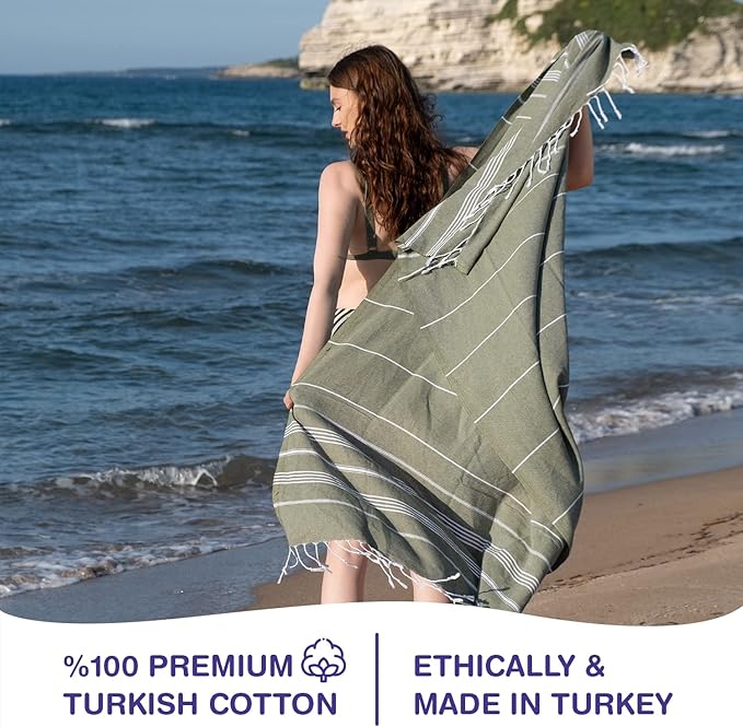 Turkish Beach Towels, Pack of 6 | Oversized, Quick Dry, Sand Free | 100% Cotton, Large 38x71 Towels for Beach, Pool, Travel | Ultra-Soft, Compact, and Absorbent | Olive Green
