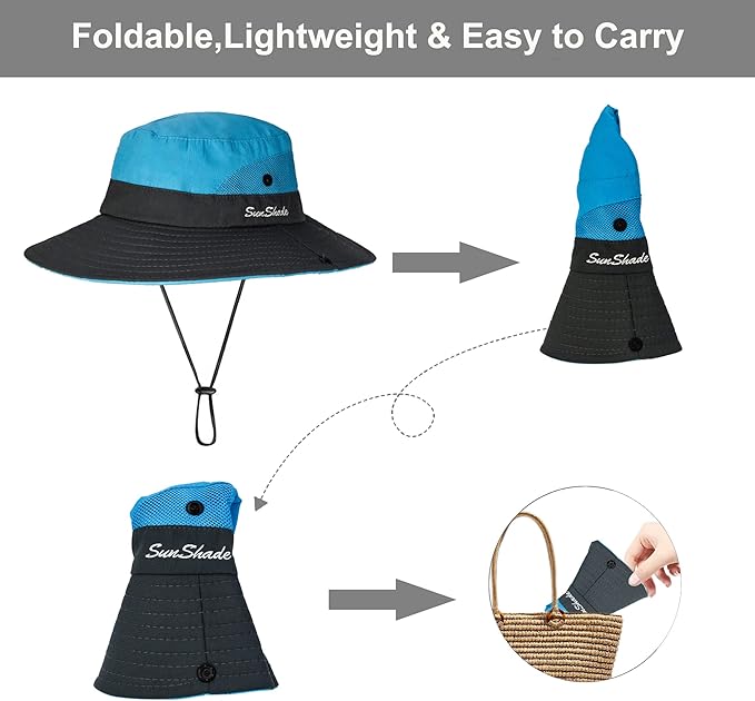 Women's Summer Sun-Hat Ponytail - Outdoor UV-Protection Mesh Wide Brim Foldable Hat with Ponytail Hole