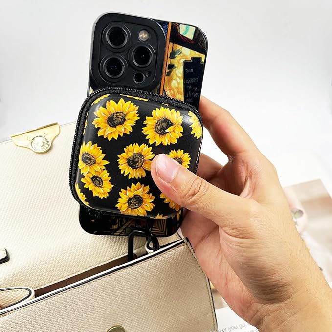 Earbud Case Headphone Organizer Ear Bud Case Portable EVA Carrying Box Storage Bag with Carabiner for AirPods Beats Bose Galaxy Buds 4/3/FE Data Cable Storage (Sunflower)