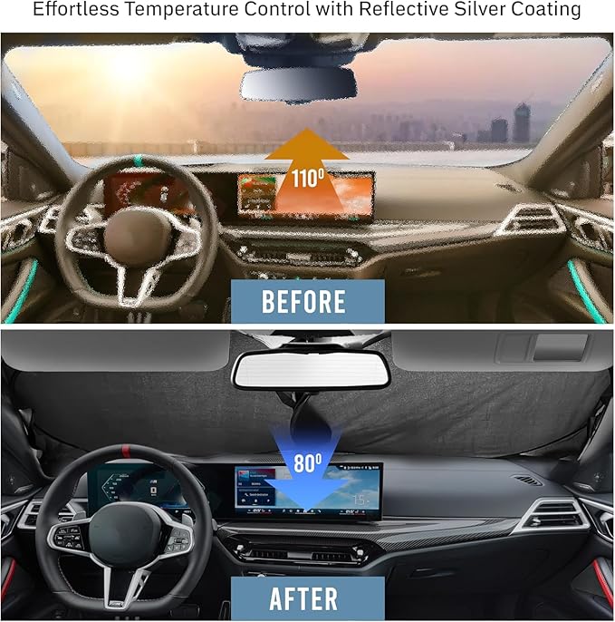 Autovir Windshield Sun Shade Foldable – 280T Car Front Window Shade, Heat Shield UV Sun Visor Protection, Keeps Interior Cool, Easy Fold Storage, Universal Fit for SUV, Sedan
