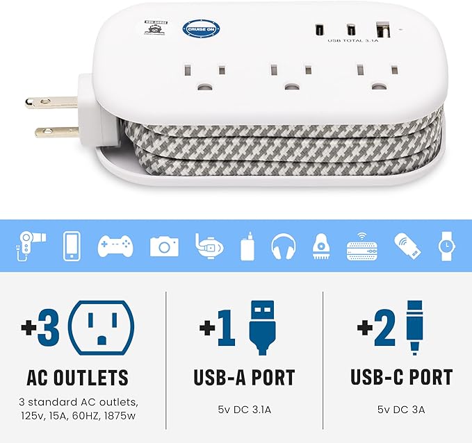 Cruise Approved Power Strip Non Surge Protector - 3.3 ft Wrapped Travel Extension Cord, 2 USB-C, 1 USB, 3 AC Outlet, Cruise Ship Essentials for Carnival, Princess & Major Lines in 2026 & 2027