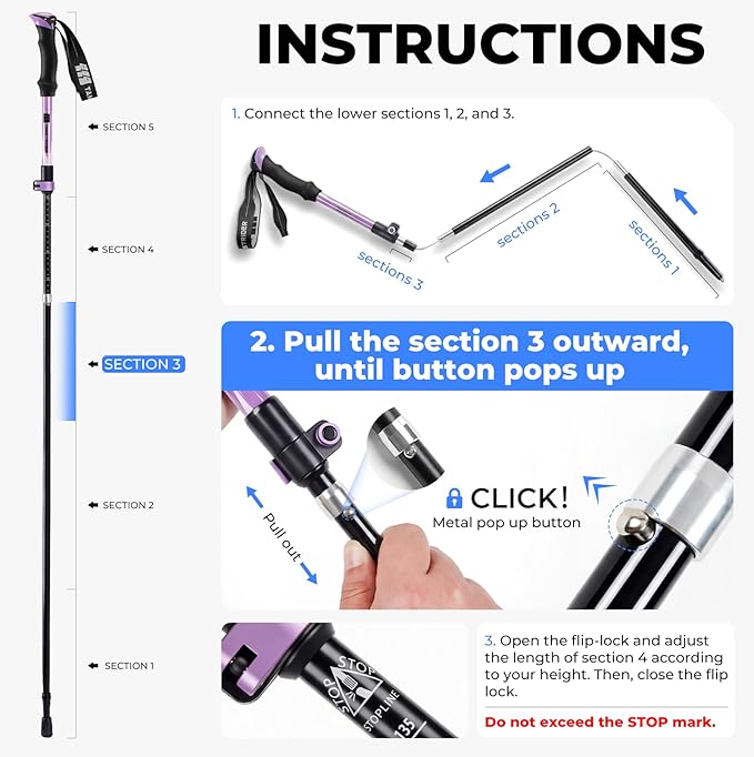 Trekking Poles for Hiking - Collapsible Lightweight 7075 Aluminum Hiking Sticks, 43-53 Inch Adjustable Tri-Fold Walking Poles with Anti-Slip EVA Grip for Men and Women