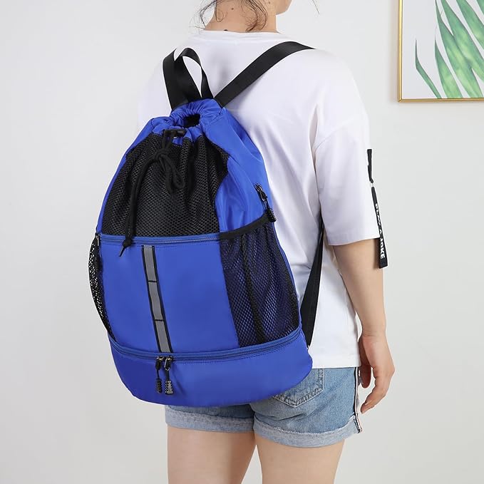 Valleycomfy Drawstring Gym Bag Sports Backpack With Shoe Compartment and Reflective Strips Royal Blue