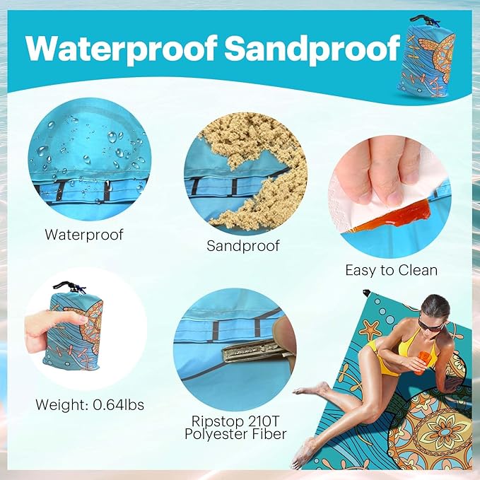 EASYFUN Beach Blanket Sandproof Oversized, 79''×83'' Extra Large Beach Mat, Portable Picnic Mat for Travel Camping Hiking, Lightweight Beach Essentials Family Water Resistant Mat