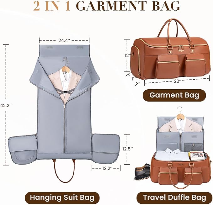 Suit Bag,Vessgra 56L Garment Bags for Travel,2 in 1 Leather Duffle Bags for Men Women, PU Leather Convertible Travel Bag with Shoe Compartment,Work Weekender Bussiness Wedding,Reddish Brown