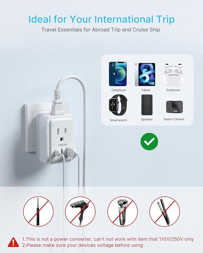 1 Pack US to Japan Plug Adapter, VINTAR Foldable Japan Travel Adapter with 2 Outlets and 3 USB Ports(2 USB C), 2 Prong to 3 Prong Outlet Adapter for USA to Japan China Canada Philippine, Type A