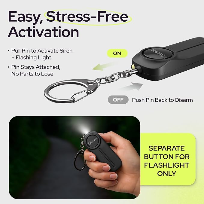Weten Personal Safety Alarm Keychain - 2 Pack 130dB Siren, LED Light, Panic Pin – Compact Self-Defense Device and Emergency Whistle Alternative for Women, College, Travel, and Night Walk Protection