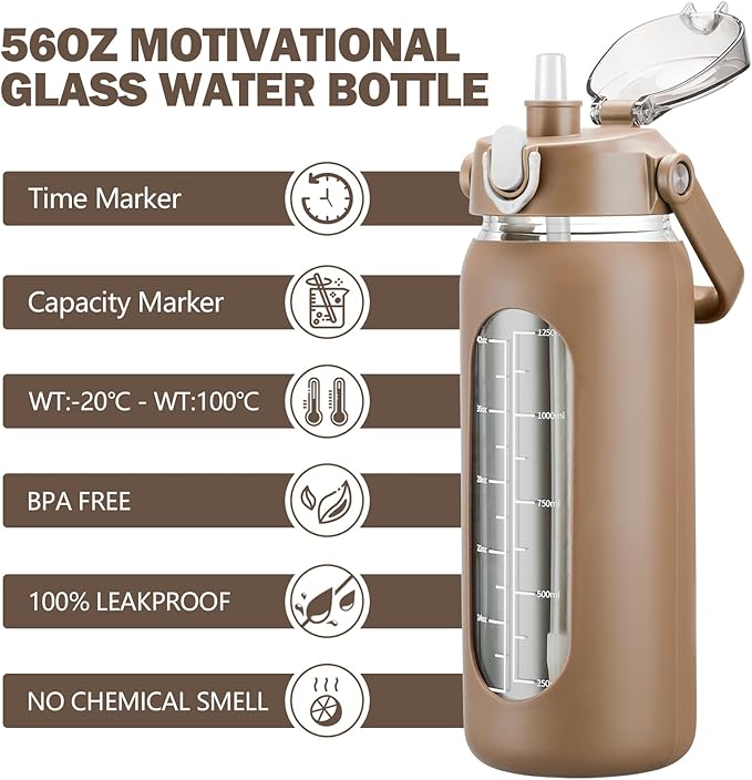 56oz Glass Water Bottles with Straw, Motivational Glass Bottle with Silicone Sleeve and Time Marker, Leakproof Large Glass Water Jug for Gym Home Office,Amber