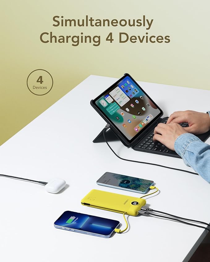 VEGER Portable Charger Power Bank with Built-in AC Plug and Cables, All in One 10000mAh Ultra Slim Travel Essentials, Fast Charging Battery Pack Compatible with iPhone, Samsung, Android, Yellow