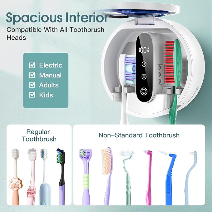 Upgraded UV Toothbrush Cleaner Holder, Electric Toothbrush Holder for Bathroom,Tooth Brush Holders Wall Mounted,LED Smart Screen,Cleaning and Drying Fits All Toothbrushes for Home & Travel