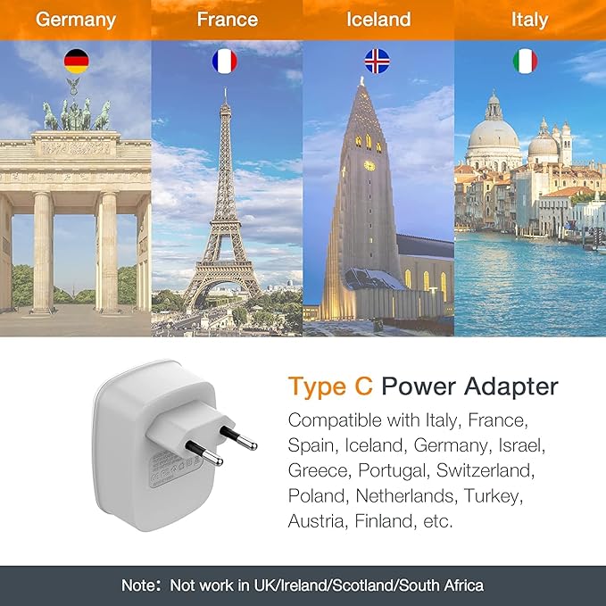 European Travel Plug Adapter 2 Pack, TESSAN International Power Outlet Adaptor with 2 USB, Type C Charger from USA to Most of Europe EU Spain Iceland Germany France Italy Israel