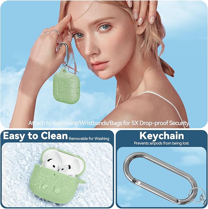 for Airpods 4 Case with Magnetic Lid, Ekoonpft Flower Engraved Cases for Apple AirPods 4th Generation 2024, Soft Silicone Cover for Women Girly with Cleaning Kit & Keychain, Shockproof