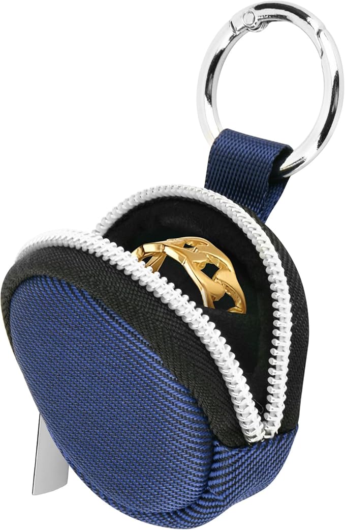 Homakover Portable Ring Organizer Case with Keychain, Traveling Ring Holder Storage Bag, Anti-Lost Keychain Container for Rings, Jewelry (1, Dark Blue)