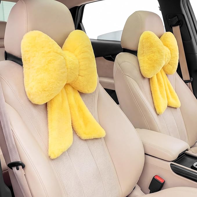 Macarrie 2 Pcs Car Neck Pillow Plush Butterfly Bow Car Headrest Pillow Comfortable Seat Neck Support Cute Head Rest Accessories for Driving Travel Driver Chair Girl Interior Decor(Lemon Yellow,Solid)