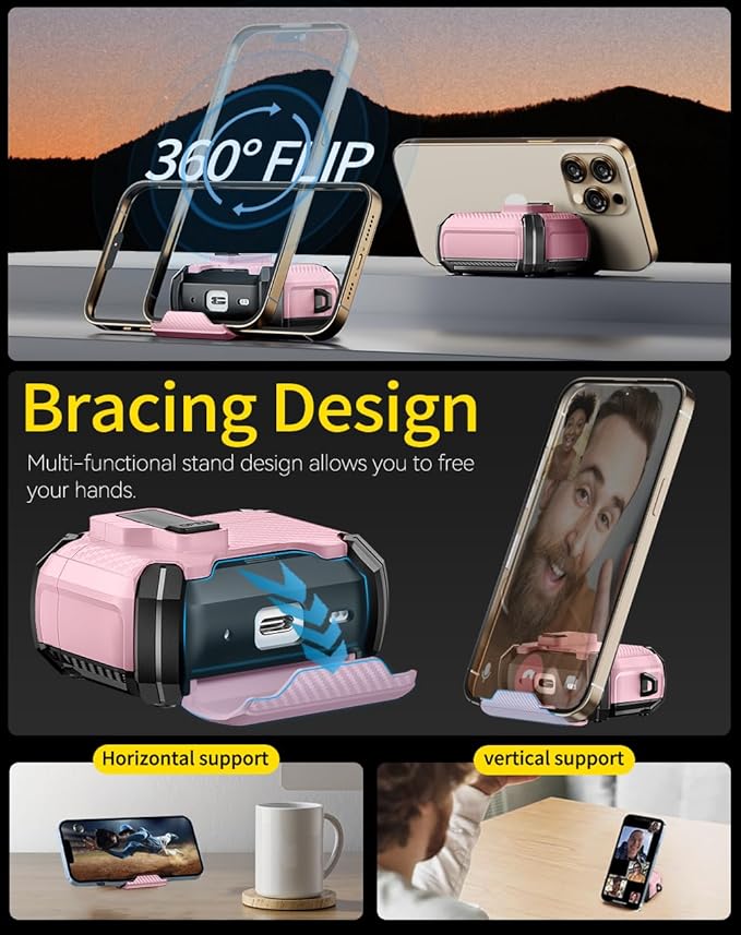 Pohgelan Compatible with AirPods 4 Case,Magnetic Automatic Lock with Phone Stand & Cleaning Kit,Compatible with Magsafe,Carbon Fiber Texture Cover -Pink