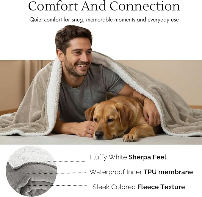 Waterproof Blanket for Bed Intimacy (40" x 60" Small Sized), Reversible Fleece | Sherpa Throw, Water Proof Blanket TPU Stain Proof Couch Furniture Cover Large Dog Bed Winter Protector - Beige