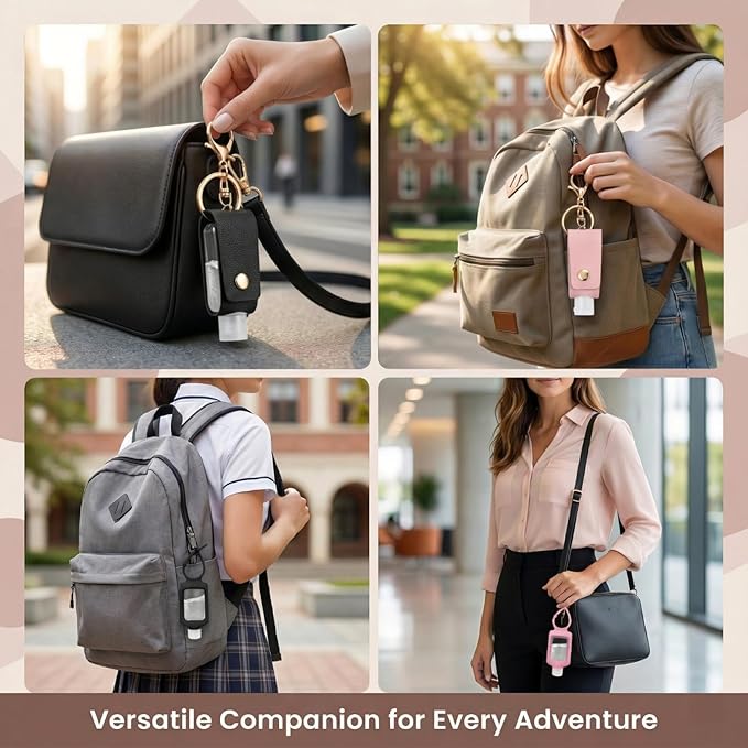 4 PCS Hand Sanitizer Holder Keychain, 2 Oz Refillable Empty Travel Squeeze Bottles for Lotion Liquid, Travel Essentials for Backpack (Black, Pink)