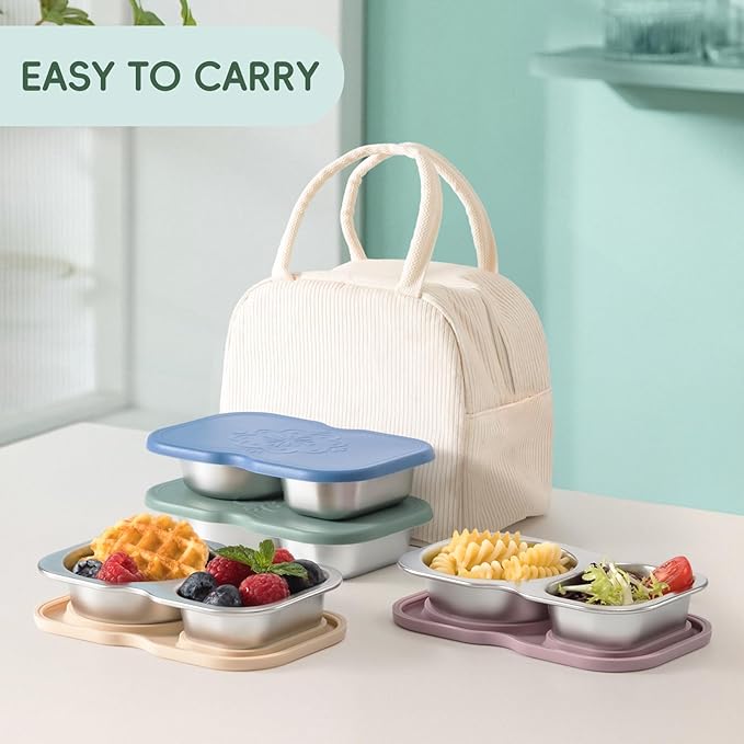 VITEVER 4 Pack Small Stainless Steel 2-Compartment Snack Containers with Lids, Reusable Snack Pack Containers, Lunch Box Accessories,Double Compartment Salad Dressing Containers to Go, 5.3oz